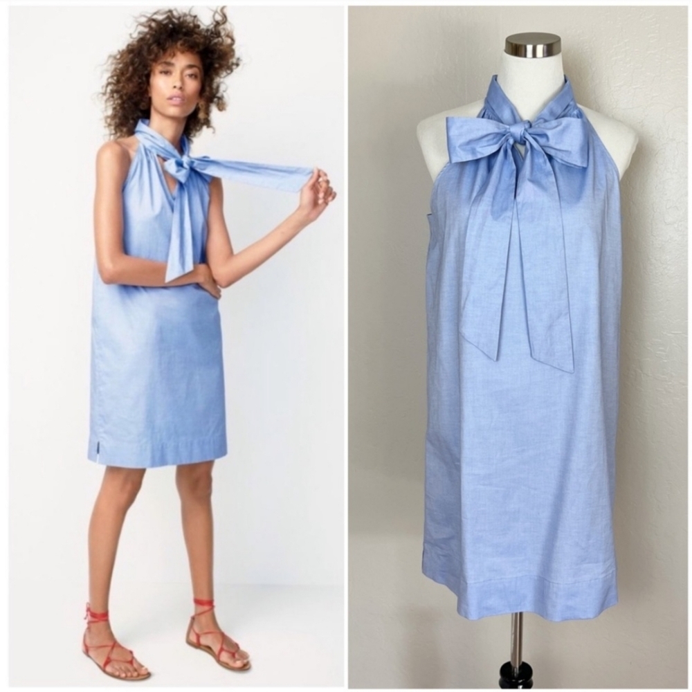 J CREW Tie Neck Shift Dress in Blue Oxford Cotton Size 4